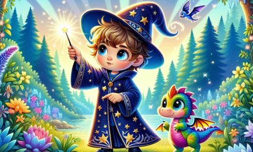 Un giovane stregone di nome Luca, di circa 10 anni, si trova sulla riva di un lago scintillante, con gli occhi pieni di determinazione e meraviglia. Indossa una veste da stregone blu notte decorata con stelle dorate e un piccolo cappello a punta. Nella sua mano tiene una bacchetta magica che emette una dolce luce. Accanto a lui, un piccolo drago colorato di nome Fiocco, con squame arcobaleno e grandi occhi curiosi, batte le ali con entusiasmo. Il paesaggio è incantevole: il lago è circondato da fiori luminosi e alberi maestosi, le cui foglie brillano al sole. Luca, concentrato e coraggioso, pronuncia parole magiche per evocare l'amuleto nascosto sul fondo del lago, mentre Fiocco lo incoraggia con un sorriso gioioso.
