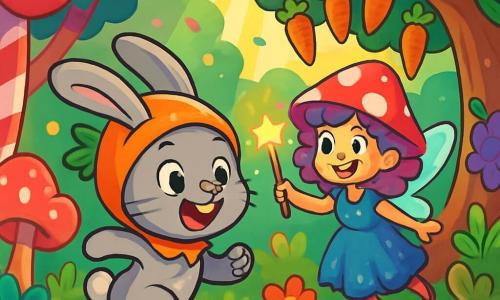 Mały szary królik o imieniu Tofi, z dużymi opadającymi uszami i oczami pełnymi ciekawości, radośnie biega przez magiczny las. Jego twarz wyraża ekscytację i zachwyt, a na głowie ma kaptur w kształcie marchewki. Obok niego wróżka z kręconymi, kolorowymi włosami, ubrana w błyszczącą suknię i kapelusz w kształcie grzyba, uśmiecha się figlarnie, trzymając świecącą złotym blaskiem różdżkę. Wygląda na pełną energii i tajemniczości, gotową do rzucenia zaklęcia. Tło stanowi zaczarowany las, gdzie drzewa są zrobione z cukierków i gigantycznych owoców, a kolorowe kwiaty tańczą w rytmie wiatru. Promienie słońca przenikają przez liście, tworząc ciepłą i radosną atmosferę. Główna scena pokazuje Tofiego i wróżkę biegnących razem w stronę drzewa obciążonego pysznymi marchewkami, z chmurami konfetti unoszącymi się wokół nich, symbolizującymi przygodę i magię, która ich czeka.