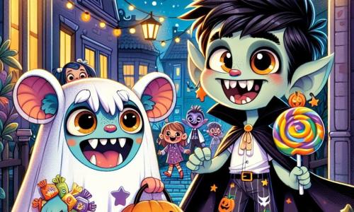 Mimi, um pequeno monstro com grandes orelhas e olhos redondos, está de pé na porta de casa, com um grande sorriso no rosto. Ele usa um traje de fantasma feito de lençóis brancos, decorado com desenhos de abóboras e estrelas, e segura uma pequena sacola em forma de abóbora cheia de doces. Ao seu lado, há um vampiro simpático, com uma capa preta e dentes afiados, que ri alegremente segurando um pirulito gigante. O cenário é uma rua animada, iluminada por lanternas laranja e decorações de Halloween, com casas enfeitadas com teias de aranha e fantasmas de papel. Crianças fantasiadas correm alegremente, criando uma atmosfera festiva e colorida. A cena principal mostra Mimi e seu amigo vampiro entrando em uma casa misteriosa, onde luzes cintilantes e risadas ecoam, prontos para descobrir a magia da festa de Halloween.