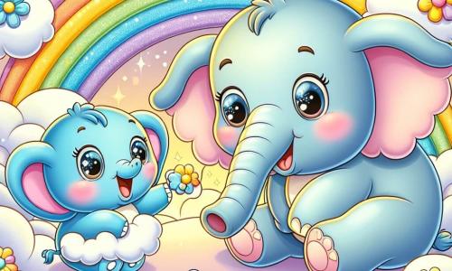 Un piccolo elefante blu, con grandi orecchie e occhi brillanti di gioia, tiene una lettera a forma di nuvola tra le sue piccole zampe. Ha un ampio sorriso sul volto, traboccante di eccitazione e amore. Accanto a lui, una mamma elefante dai tenui toni pastello, con occhi brillanti di tenerezza, guarda la lettera con un sorriso commosso, le sue grandi zampe posate sul pancione rotondo. Si piega leggermente verso il suo piccolo, piena di calore e orgoglio. La scena si svolge in un cielo soleggiato, pieno di nuvole soffici e colorate, con arcobaleni scintillanti sullo sfondo. Fiori a forma di nuvola fluttuano attorno a loro, aggiungendo un tocco di magia all'ambiente. Il piccolo elefante, tutto emozionato, sta dando la sua lettera alla mamma per la festa della mamma, creando un momento tenero e gioioso tra loro, pieno di amore e felicità.