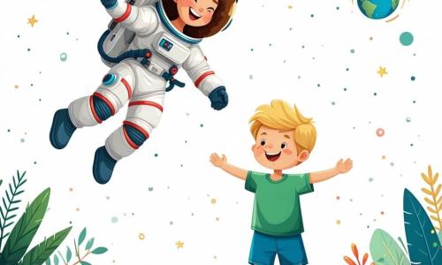 Astronaut Anna is een vrouw met bruin, krullend haar, die een kleurrijk ruimtepak draagt, met een grote, verwonderde glimlach op haar gezicht. Ze zweeft lichtjes boven de grond, met haar armen open, alsof ze de schoonheid van de nieuwe planeet verwelkomt. Sam is een 8-jarig jongetje met blond haar en nieuwsgierige ogen. Hij draagt een groene t-shirt en een blauwe korte broek, en staat naast Anna met zijn handen op zijn heupen, terwijl hij met bewondering kijkt naar de schoonheid om hen heen. De scène speelt zich af op een buitenaardse planeet, waar de grond bedekt is met felblauw gras en kleurrijke bloemen. Groene bergen rijzen op aan de horizon onder een sterrenhemel, verlicht door een heldere maan en fonkelende sterren. De belangrijkste situatie toont Anna en Sam die samen de schoonheid van de planeet ontdekken, terwijl Anna verhalen over de sterren vertelt en Sam aandachtig luistert, met zijn ogen wijd open van verwondering.