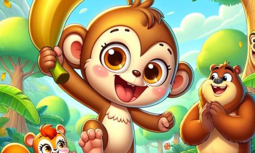 A little monkey named Momo, with light brown fur and sparkling mischievous eyes, is jumping for joy, holding a huge golden banana above his head. He has a big smile on his face, showing his excitement and pride. Next to him, Lila, a small squirrel with reddish fur and a bushy tail, is clapping enthusiastically, her eyes shining with admiration. Benny, a sturdy brown bear with a jovial expression, stands a bit back, laughing and shaking his head at the amusing scene. The scene takes place in a sunny clearing of the enchanted forest, surrounded by majestic trees with bright green leaves and colorful flowers dancing in the gentle breeze. In the center, a large banana tree stands, its golden fruits sparkling in the sun. Momo, Lila, and Benny are celebrating Momo's victory in the biggest banana contest, creating a joyful and festive atmosphere filled with laughter and friendship.