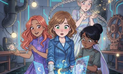 There are four girls, about 12: Mia at center with light chestnut bobbed curls, large green eyes, practical outfit with a blue leather jacket and silver gloves, hand on a glowing digital grimoire on a pedestal; Zoe to Mia’s left with long coral waves and a wide smile in a futuristic dress with purple star patterns, reaching toward a small floating moon; Luna to Mia’s right with black hair in a bun, round glasses and a subdued gray-green outfit, notebook and pen at her belt, leaning in to adjust holograms precisely; Aria slightly behind to the right with platinum-blonde braids and an iridescent dress, blowing to make star-dust particles sparkle. They stand in a vast cosmic forge: polished metal walls threaded with cyan and gold circuits, smoking ducts, suspended light orbs, a copper workbench and slow-turning giant gears, the black tiled floor scored with luminous energy filaments. The four activate the open digital grimoire on the pedestal; blue holographic pages float, emitting golden particles and forming small moons, mixing magic and technology in neon blues, violets and gold with the grimoire’s soft light lighting their awed faces.