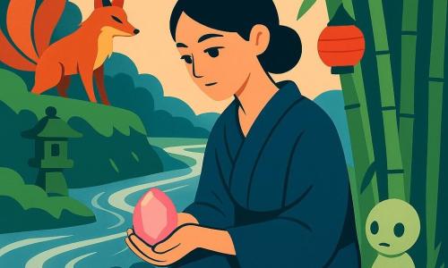 The main figure is a young woman with a gentle face and black hair in a bun, calm pond-colored eyes, kneeling in water to her knees on a pebbled shore at dawn, wet and holding a small glowing pink wish-stone with a resolute but kind expression; beside her, a small bamboo kodama spirit with a round, pale mossy body and dewdrop eyes watches from the base of a large bamboo stalk to her right; in the background left a red-furred kitsune with nine fanned tails stands on a higher bank with a sly look as if it has just slipped away; the setting is a winding silver-flowing river with polished pebble banks, tall curved bamboo forming a green tunnel, hanging paper lanterns and a moss-covered miniature stone shrine; mood: soft dawn light, pink reflections on the stone, calm and mysterious.