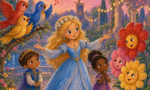 Princess Elara at center, smiling and gentle, golden-blond hair, flowing sky-blue dress, daisy crown, arms open to soothe; a shy, curious six-year-old prince with short brown hair and simple princely clothes stands behind her with hands clasped; a small group of colorful birds (red, yellow, blue) perched on a left branch, half-spread wings; talking large flowers to the right with red, pink and yellow petals and smiling faces leaning toward the princess; paved garden square with velvet green grass, a sparkling stream, string lights and a pink-violet twilight sky with a low silver moon; scene: the princess gathering birds and flowers to reconcile, warm, harmonious atmosphere with music notes drifting in the air.
