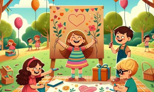 In un parco soleggiato, quattro bambini sono riuniti attorno a una grande tovaglia colorata. Giulia, una ragazza di 8 anni con lunghi capelli castani e un grande sorriso, è seduta al centro, tenendo un pacchetto fatto a mano con rametti e foglie. Marco, un ragazzo di 9 anni con occhiali e un piccolo cappello rosso, è alla sua destra, mentre disegna un cuore su un grande cartone. Sara, una ragazza di 7 anni con capelli ricci e un vestito rosa, è a sinistra di Giulia, mentre colora dei fiori con i pastelli. Luca, un ragazzo di 8 anni con capelli biondi e una maglietta blu, è in piedi dietro di loro, osservando con curiosità il grande disegno che stanno realizzando insieme. Il parco è pieno di palloni colorati che fluttuano nel cielo blu, con alberi verdi tutt'intorno e famiglie che si divertono sullo sfondo. I bambini stanno preparando regali fatti a mano per la festa del papà, ridendo e condividendo idee, creando un'atmosfera gioiosa e calorosa.