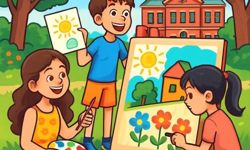 Ci sono 3 personaggi: - Sara: una ragazza di 10 anni, con lunghi capelli castani e ricci, indossa un vestito estivo giallo a fiori. È seduta sull'erba, con un grande sorriso, tiene un pennello e una tavolozza di colori. - Marco: un ragazzo di 11 anni, alto e magro, con capelli castani disordinati, indossa una maglietta blu e pantaloni corti. È in piedi accanto a Sara, mostrandole un disegno che ha fatto, con gli occhi pieni di eccitazione. - Giulia: una ragazza di 10 anni, con capelli lisci e neri, raccolti in una coda di cavallo, indossa una maglietta rosa e jeans. È accucciata davanti a un piccolo pannello di legno, dipingendo fiori colorati, concentrata sul suo lavoro. La scena principale si svolge in un parco soleggiato, pieno di verde lussureggiante. Grandi alberi con foglie verdi danzano dolcemente nel vento, e fiori multicolori decorano i sentieri. In lontananza, si intravede una vecchia biblioteca in mattoni rossi, con finestre con persiane verdi, che aggiunge un tocco di fascino all'ambiente. La situazione principale mostra i tre amici mentre creano insieme un grande murale colorato su un pannello di legno, celebrando la loro amicizia e le scoperte dell'estate. Risate risuonano nell'aria mentre condividono idee e si divertono a dipingere scene del loro quartiere.
