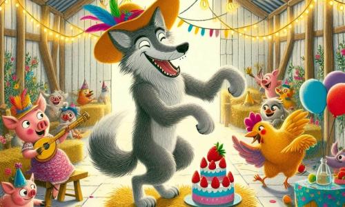 Um lobo chamado Lucas, com pelagem cinza e olhos brilhantes de travessura, dança alegremente no centro de uma festa animada, com um grande sorriso no rosto. Ao seu lado, uma galinha chamada Gilda, com penas douradas e um chapéu colorido, se ocupa em cortar um bolo decorado com morangos, enquanto ri. Um pequeno porquinho rosa, Pingo, toca sua flauta mágica, sentado em uma pilha de feno, enquanto um pato chamado Quico, com plumagem azul vibrante, decora o local com flores brilhantes. A cena acontece em um charmoso celeiro antigo, iluminado por luzes cintilantes, com balões coloridos flutuando ao redor. Os animais se divertem juntos, em um ambiente festivo e alegre, repleto de risos e música, criando um momento mágico de amizade e felicidade.