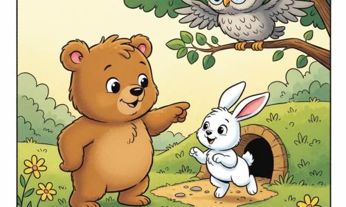 A small soft round brown bear with thick slightly curly fur, bright round eyes and a shy but brave smile stands on its hind legs pointing the way with a small paw; a small white bunny with long pink ears, silky fur and a relieved expression hops near an earthen burrow entrance; an old gray owl with wise eyes and round glasses perches on a low branch above them with wings slightly spread; scene in a sunny clearing with short green grass, scattered yellow and purple flowers, brown-trunked trees with rounded leaves, golden dirt paths and small stones; main situation: the bear guides the bunny home while the owl watches kindly; warm atmosphere, bright colors, clear outlines and simple shapes suitable for toddlers.