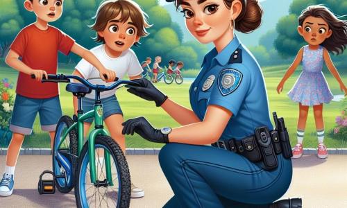 Im Mittelpunkt des Bildes steht die Kommissarin Anna Müller, eine Frau in ihren Dreißigern, die eine blaue Polizeiuniform mit einer Mütze trägt. Sie hat braune Haare zu einem Dutt gebunden und ein entschlossenes Lächeln im Gesicht, das ihre Entschlossenheit zeigt, das Rätsel der gestohlenen Fahrräder zu lösen. Sie hockt und untersucht ein grünes Fahrrad mit blauen Streifen, ihr Blick konzentriert auf die Details gerichtet. Rechts von ihr steht ein etwa 10-jähriger Junge in einem roten T-Shirt und Shorts, der neugierig zuschaut. Er hat zerzauste blonde Haare und aufgeregte Augen. Links von ihr beobachtet ein 9-jähriges Mädchen in einem rosa Kleid mit einem Fahrradkorb aufmerksam die Szene, ihre braunen Haare wehen im Wind. Sie sieht besorgt, aber hoffnungsvoll aus. Die Szene spielt in einem grünen Park mit majestätischen Bäumen im Hintergrund, bunten Blumen und einem Kiesweg. In der Ferne spielen Kinder, was der Illustration eine fröhliche Atmosphäre verleiht. Die Hauptsituation zeigt Anna, die ein gestohlenes Fahrrad untersucht, umgeben von den Kindern, die ihr helfen, alle vereint in ihrem Bestreben, die verschwundenen Fahrräder wiederzufinden.