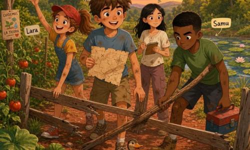 Cuatro niños de 12 años trabajan juntos en un sendero rural entre árboles y hortalizas: un chico entusiasta de cabello castaño despeinado, camiseta azul clara manchada de polvo y short kaki, sostiene un mapa viejo y sonríe; Lara, alegre con coleta castaña y gorra roja, atrapa una gorra que vuela y está a la izquierda; Samu, serio y apañado con pelo negro corto, lleva una caja de herramientas y sostiene una rama larga a la derecha; Inés, atenta y organizada con pelo negro suelto y blusa clara, toma notas en un cuaderno detrás del grupo; levantan una valla de madera rota para ayudar a un pequeño pato junto a un estanque con nenúfares, sobre suelo rojo polvoriento, al atardecer con tonos rosas y dorados, ambiente cálido y aventurero.