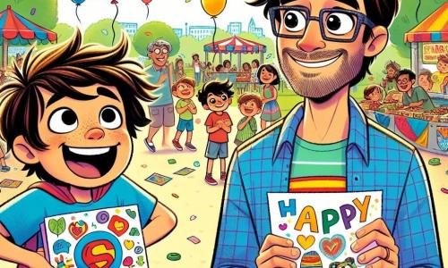 Un niño de 10 años, Lucas, con cabello castaño desordenado y ojos brillantes de alegría, sostiene un gran mapa colorido en sus manos. Lleva una camiseta azul con un dibujo de superhéroe y un pantalón corto amarillo, mostrando una sonrisa radiante de emoción y amor. A su lado, su padre, el Sr. Martínez, un hombre de unos cuarenta años con barba ligera y gafas, lo escucha con una mirada orgullosa y conmovida, vistiendo una camisa a cuadros y pantalones informales. La escena transcurre en un parque animado, lleno de familias que celebran el Día del Padre. Globos de colores flotan en el aire, los niños juegan alrededor de un gran área de juegos, y los puestos de comida añaden un toque festivo con colores vivos. Lucas, con una expresión decidida, presenta orgullosamente su tarjeta hecha a mano a su padre, listo para mostrarle todo el amor que siente por él en este día especial.