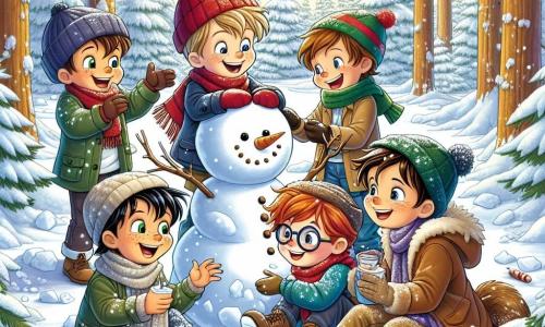 In an enchanted clearing of Maple Forest, five five-year-old boys are having fun together. Theo, a boy with blonde hair and blue eyes, laughs while building a snowman, while Max, with his brown hair and glasses, throws a snowball at Oliver, a boy with red hair and freckles, who marvels at the snowman. Benny, a little boy with brown hair and a red cap, makes snow angels, and Sam, with his black hair and colorful scarf, sits on a pile of snow holding a cup of hot chocolate. The clearing is surrounded by tall trees covered in sparkling snow, and snowflakes gently fall from the light blue sky. The ground is covered with a thick layer of white snow, and ice crystals shine in the sun, creating a magical atmosphere. The boys laugh and play together, sharing moments of joy and camaraderie while building their snowman and throwing snowballs, filled with excitement and friendship in this fairy-tale winter landscape.