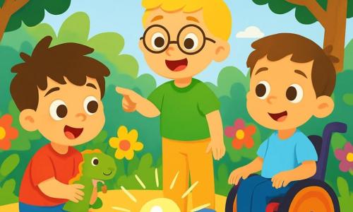 Er zijn 3 personages: Sem: een 3-jarig jongetje met rommelig bruin haar, een rood t-shirt en een blauwe short. Hij zit op de grond met glinsterende ogen van opwinding en houdt een kleine pluche dino vast. Daan: een 3-jarig jongetje met blond haar en ronde bril, gekleed in een groen t-shirt en beige broek. Hij staat naast Sem, glimlachend en wijst naar een mysterieus voorwerp in het zand. Levi: een 3-jarig jongetje met kastanjebruin haar en een zachte glimlach, zittend in een kleurrijke rolstoel, in een lichtblauw t-shirt. Hij kijkt aandachtig naar de andere twee kinderen, zijn ogen sprankelend van nieuwsgierigheid. De scène speelt zich af in een zonnige tuin vol kleurrijke bloemen met helderrode, gele en paarse bloemblaadjes. De grond is bedekt met gouden zand, en in het midden schittert een kleine zandhoop in het zonlicht, met speelgoed verspreid eromheen. Bomen met groene, weelderige bladeren omringen de tuin, wat een vredige en magische sfeer creëert. De hoofdactie toont de drie kinderen die een mysterieuze glanzende bal in het zand ontdekken. Sem drukt op de bal, en een zachte bries komt op, waardoor de bloemen om hen heen dansen. De kinderen zijn verwonderd, hun gezichten verlicht door opwinding, terwijl ze zich voorbereiden op een ongelooflijk avontuur in de tijd.