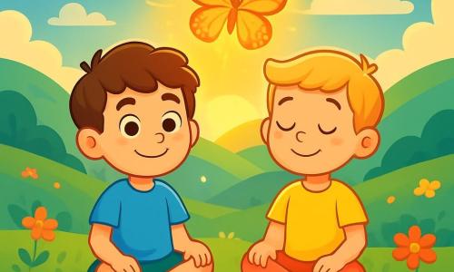 Ci sono due personaggi principali: Luca, un ragazzo di 7 anni con capelli castani e occhi vivaci, indossa una maglietta blu e pantaloni verdi, seduto sull'erba con le gambe incrociate e un sorriso sereno; e Marco, un ragazzo di 7 anni con capelli biondi e occhi chiari, indossa una maglietta gialla e pantaloni corti rossi, seduto accanto a Luca con le mani sulle ginocchia e gli occhi chiusi mentre respira profondamente. La scena si svolge in una valle tranquilla, circondata da dolci colline fiorite e un cielo blu brillante con nuvole bianche. Un grande farfalla dalle ali scintillanti vola sopra i ragazzi, illuminata dalla luce dorata del sole al tramonto. I due ragazzi meditano in questa valle magica, respirando lentamente e lasciandosi avvolgere dalla dolcezza dell'ambiente, i loro volti esprimono pace e serenità mentre la luce della luna inizia a comparire all'orizzonte, aggiungendo un tocco di magia all'atmosfera.