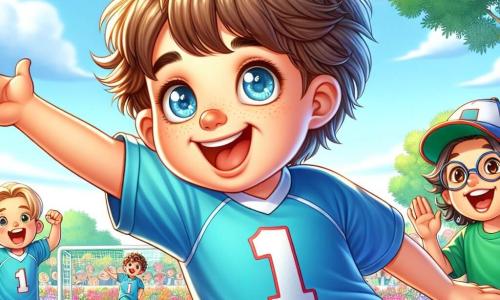 Un ragazzo di 12 anni, Marco, è al centro dell'immagine, sorridente con occhi scintillanti di gioia. Ha capelli castani arruffati e indossa una maglietta da calcio blu con il numero 1. Marco sta calciando un pallone verso la porta, il suo viso è radioso di eccitazione e determinazione. Accanto a lui, Luca, un ragazzo di 11 anni con capelli biondi e occhiali, lo incoraggia con un grande sorriso. Indossa una maglietta verde ed è pronto a passare il pallone a Marco. Un po' più lontano, Sara, una ragazza di 12 anni con capelli lunghi e ricci, applaude con entusiasmo, indossando un cappellino della squadra. La scena si svolge su un campo da calcio soleggiato, circondato da alberi verdi e fiori colorati. Il cielo è blu con alcune nuvole bianche, e dei bambini giocano sullo sfondo, creando un'atmosfera gioiosa e dinamica. La situazione principale mostra Marco mentre calcia il pallone verso la porta, mentre i suoi amici lo incoraggiano, illustrando lo spirito di squadra e l'inclusione, nonostante le sfide.