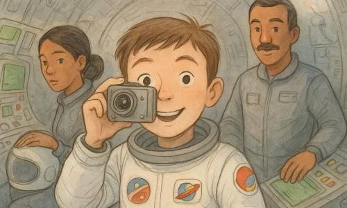 Luca, sorridente e un po' meravigliato, capelli castani corti in tuta spaziale bianca con toppa colorata, tiene vicino al viso una piccola videocamera vintage e guarda l'obiettivo; Marco, con un leggero baffo e sulla trentina, in tuta grigia dietro di lui con la mano su una console tattile e un'espressione rassicurante; Anna, collega adulta con i capelli raccolti e casco sotto il braccio, seduta a sinistra su un seggiolino della navetta concentrata sugli schermi; interno del simulatore: cabina metallica rotonda con pannelli di controllo e schermi verdi, cavi visibili, sedili con imbracature, luce arancione soffusa e una piccola scintilla blu da un guasto parziale; Luca registra il suo diario video mentre l'allarme svanisce e la squadra resta calma, solidale e coraggiosa.