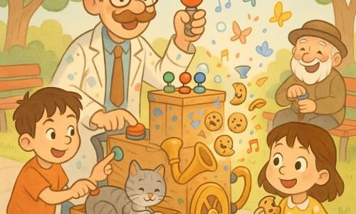 Un inventor alto y alegre de cabello castaño claro despeinado, pequeño bigote rizado y gafas redondas lleva una bata manchada y sujeta un gran botón rojo mientras empuja un carro-máquina; a su izquierda un niño de unos 7 años, curioso y sonriente, toca un botón rosa; delante del carro una niña de 6 años con vestido de lunares sostiene una galleta y contempla galletas danzantes que salen de la máquina; un anciano de unos 70 años, barbudo y con sombrero redondo, sentado en un banco detrás del grupo, aprieta un botón azul en su bastón; el gato gris del inventor, atigrado y adormilado, está en una caja abierta del carro jugando con una madeja; la escena ocurre en un claro soleado con césped verde, árboles y bancos, y la máquina bricolada en el carro —caja de madera, rueda amarilla, trompeta de cobre y guirnaldas de botones— lanza burbujas brillantes, mariposas de papel y confeti; rostros iluminados, gestos de compartir, colores cálidos y contornos suaves.