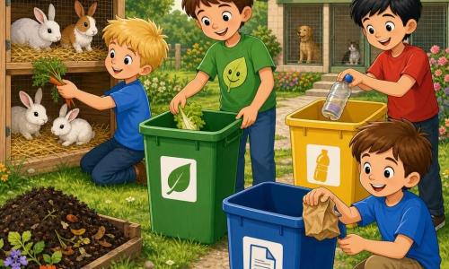 Four boys in a sunny morning garden behind an animal shelter: Leo (~8, short brown hair, green t‑shirt with a smiling leaf) stands center placing a lettuce leaf by the green bin; Oscar (~9, tousled blond hair) kneels left by a light-wood rabbit hutch holding carrot tops to feed the small white and brown rabbits; Max (~8, black hair, red t‑shirt) stands right, throwing a plastic bottle into the yellow bin; Sam (~8, chestnut hair, blue t‑shirt) stands slightly forward beside the blue bin, about to toss a crumpled paper bag; lush grass, fine gravel path, a row of three labeled colorful bins (green, blue, yellow), flowerbeds, a small dark compost heap, bright warm morning light, all smiling and sorting waste with clear, colorful 2D cartoon-style outlines.