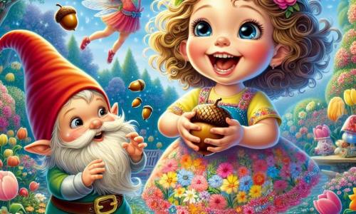 A 4-year-old girl with curly blonde hair and big curious eyes is joyfully jumping in a magical garden. She wears a colorful dress adorned with flowers and holds a small acorn in her hands, her face beaming with excitement. Next to her, a jovial gnome named Nibbles, about 6 years old with a red beard and a pointy red hat, is juggling acorns, smiling widely. He stands slightly back, ready to throw an acorn to the girl. Flitter, the fairy, is a delicate creature with sparkling wings and silver hair, joyfully floating above them. She looks mischievous and encourages the girl to play with Nibbles. The enchanting garden is filled with brightly colored flowers in shades of pink, yellow, and blue, with tulips that seem to laugh and shimmering butterflies fluttering around. In the background, a vibrant rainbow stretches across the sky, adding a touch of magic to the scene. The main situation shows the girl laughing as she tries to juggle an acorn while Nibbles watches her with amusement, and Flitter dances around them, encouraging their play.