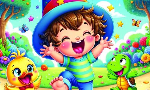 Um garotinho de 2 anos, Léo, com cabelos castanhos bagunçados e olhos brilhantes de curiosidade, usa um grande chapéu mágico colorido. Ele ri alto, de braços abertos, em um parque ensolarado cheio de flores multicoloridas. Ao seu lado, um pato alegre, com plumagem amarela e um sorriso divertido, salta fazendo "quack, quack" felizes. Um pouco mais longe, uma tartaruga engraçada, com carapaça verde e olhos travessos, caminha lentamente para trás, acrescentando humor à cena. O parque é encantador, com árvores de folhas brilhantes, flores dançantes e um céu azul com nuvens fofas. Borboletas coloridas voam ao redor, trazendo um toque de magia. A cena principal mostra Léo, o pato e a tartaruga dançando juntos, criando um momento alegre e cheio de risos, onde amizade e aventura se encontram em um mundo fantástico e humorístico.