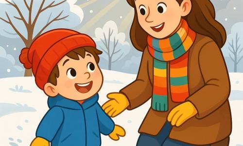 Um menino de 4 anos, chamado Tomás, com cabelos castanhos bagunçados e bochechas rosadas, está de pé em um jardim coberto de neve. Ele usa um grande casaco azul, um gorro vermelho vivo e luvas amarelas, com um grande sorriso maravilhado no rosto e os olhos brilhando de alegria. Sua mãe, uma mulher de cerca de trinta anos com cabelos longos e castanhos, está ao lado dele, vestida com um cachecol colorido e um casaco quente, olhando ternamente para o filho enquanto lhe mostra o jardim. O jardim está coberto por uma espessa camada de neve brilhante, com árvores despidas de galhos brancos e rastros de pequenos animais na neve. O céu é cinza, mas alguns raios de sol atravessam as nuvens, iluminando a paisagem. Tomás bate os pés na neve, criando pequenos flocos que voam ao seu redor, enquanto ri e se diverte com sua mãe, que o incentiva a explorar o mundo invernal.