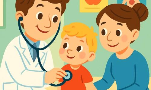 Mężczyzna, doktor Tomek, uśmiechnięty i życzliwy, nosi długi biały płaszcz i stetoskop na szyi. Jego brązowe włosy są lekko potargane, a oczy błyszczą życzliwością. Słucha serca małego chłopca, Jaśa, który ma około 5 lat. Jaś ma blond włosy i różowe policzki, a z ciekawością patrzy na doktora, trzymając rękę swojej mamy. Mama Jaśa, kobieta w wieku około trzydziestu lat, ma brązowe włosy związane w kok i nosi niebieski sweter. Stoi obok Jaśa, uśmiechając się do niego, aby go uspokoić. Scena rozgrywa się w jasnym i przyjaznym gabinecie lekarskim, z pastelowo zielonymi ścianami. Kolorowe plakaty dotyczące zdrowia zdobią ściany, a na podłodze leżą zabawki. Doktor Tomek uważnie bada Jaśa, podczas gdy mama obserwuje z uspokajającym uśmiechem. Atmosfera jest ciepła i pełna delikatności, ilustrując moment troski i pocieszenia.