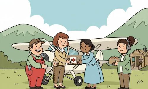 Junge Pilotin Mira, ruhiges Lächeln, aufmerksamer Blick, kurze kastanienbraune Haare, beige Pilotjacke, weißes Halstuch, sie hält eine Medikamentenkiste und übergibt sie vorsichtig; Mechaniker Tom, etwa 35, korpulent und heiter, rote Latzhose mit Schraubenschlüssel in der Tasche, steht neben dem linken Flügel des kleinen weißen Flugzeugs und lächelt die Pilotin an; etwa 40-jährige Dorffrau mit zusammengebundenen Haaren und einfachem Kleid nimmt die Kiste dankbar mit beiden Händen vor dem Fahrwerk entgegen; etwa 50-jähriger Dorfmann mit brauner Schirmmütze und leichter Jacke hält als Geschenk eine kleine Keksdose und steht neben ihr; Funkerin Lina, ~30, schwarze Haare im Dutt, Funkkopfstück und Notizbuch in der Hand, steht bei einer kleinen Holzhütte im Hintergrund und blickt zur Gruppe; Ort: kleines Bergflugfeld mit grasbewachsener Piste, Holzhangar, grüne Gipfel im Hintergrund, heller blauer Himmel mit ein paar Wölkchen, wehendes Gras; Szene: nach der Landung herzlicher Austausch zwischen Pilotin und Dorfbewohnern — Medikamentenübergabe und Keksgeschenk — helle, pastellfarbene, runde expressive Formen, Komposition zentriert auf Flugzeug und freundlichen Kreis der Personen.