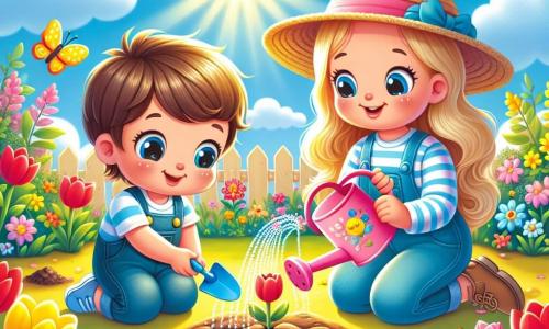 En un jardín soleado, un niño de cuatro años llamado Pablo, con cabello castaño y ojos brillantes, está agachado, sosteniendo una pequeña pala azul, plantando semillas de flores. A su lado, su mamá, una mujer sonriente con cabello largo y rubio, lleva un sombrero de paja y riega suavemente la tierra con una bonita regadera rosa. El jardín está lleno de flores coloridas, tulipanes rojos y narcisos amarillos, mientras mariposas multicolores vuelan a su alrededor. El cielo es de un azul brillante, salpicado de algunas nubes blancas y esponjosas. La escena principal muestra a Pablo y su mamá descubriendo juntos la magia de la primavera, con flores que comienzan a brotar a su alrededor, simbolizando la alegría y el renacimiento de la naturaleza.