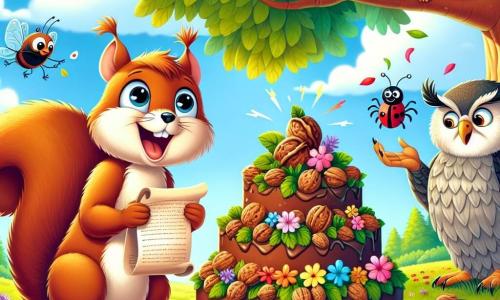 An illustration depicts a young squirrel with brown fur and a bushy tail, showing joy and excitement as he holds a beautiful nut cake decorated with colorful flowers and leaves, ready to present it to his father. Beside him, a wise owl with gray feathers and large round eyes observes with a kindly smile, holding a recipe scroll in its claws. A small red ladybug with black spots joyfully flies around the cake, expressing its enthusiasm with rapid wingbeats. The scene takes place in a sunny clearing surrounded by majestic trees with bright green leaves, with sunlight filtering through the foliage, creating a warm and festive atmosphere. The main situation shows the young squirrel ready to surprise his father for Father's Day with a homemade cake, symbolizing love and friendship. Additional graphic elements include colorful wildflowers scattered around the clearing, birds singing in the trees, and a clear blue sky dotted with a few white clouds, adding a touch of magic to the celebration.