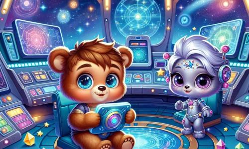 An illustration depicts a small teddy bear and a boy with brown fur and sparkling curious eyes standing in the center of a spaceship control room. He shows an expression of wonder and excitement while holding a shiny gadget. Beside him, a stylish alien with silver skin and star-shaped eyes observes the control screens with a benevolent smile, appearing focused and friendly, ready to assist the young bear in his adventure. The main setting is a futuristic control room filled with bright panels, colorful buttons, and large windows offering a view of a starry sky and distant planets. Sparkling crystals are arranged around the room, adding a touch of magic to the environment. The main scene shows the young bear and the alien working together to navigate through space, aiming to reach a mysterious planet. Holograms of star maps float around them, illuminated by a soft blue light. Other graphic elements include bright stars and colorful nebulae in the background, along with futuristic tools and sparkling crystals that create an atmosphere of adventure and discovery.