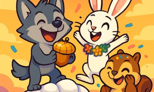Ziggy, a young wolf with sparkling eyes and silky gray fur, is laughing heartily at the top of Marshmallow Mountain, holding a shiny golden acorn in his paws. Next to him, Pippa, an adorable rabbit with big ears and white fur, is jumping for joy, her eyes shining with excitement as she wears a colorful flower necklace. Spotty, a squirrel with chubby cheeks and brown fur, is rubbing his eyes, covered in confetti, with a mischievous smile on his face. In the background, the mountain is covered in fluffy marshmallows and vibrant flowers, while the sky is tinted pink and orange at sunset, illuminating the scene with warm light. The main situation shows the group of friends celebrating their victory, surrounded by laughter and joy, after retrieving the precious acorn stolen by a raccoon.