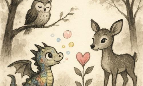 A small dragon named Zephyr, with shimmering rainbow-colored scales, blows colorful bubbles with a look of wonder. Next to him, a magnificent plant with heart-shaped flowers, each petal a tender pink, blooms under the soft morning light. Oliver the owl, with his gray feathers and wise eyes, observes from a low branch, nodding with satisfaction. Daisy the deer, with her light brown coat and sparkling eyes, stands near Zephyr, admiring the flowers with a radiant smile. The scene unfolds in an enchanting clearing bathed in golden light, where majestic trees surround the scene, their leaves gently dancing in the breeze. The main situation shows Zephyr and his friends discovering the beauty of Valentine's flowers together, uniting the forest in joyful harmony.