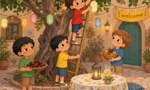 Four boys — Sami (6, olive skin, short black hair, yellow T‑shirt) holding the base of a ladder in front of a gnarled fig tree; Bilal (6, curly brown hair, red T‑shirt) halfway up the ladder hanging a small lit paper lantern in a high branch; Omar (6, curly black hair, green T‑shirt) on the left holding a tray of shiny dates and smiling; Yusuf (6, light brown hair, blue T‑shirt) on the right holding a bowl of colorful fruit and looking at the lantern. They are in a small paved courtyard with paper lantern garlands, a "welcome" banner above a door, low cushions around a lemon‑print tablecloth, and a fine spiderweb catching the lantern's warm light like a tiny golden constellation; composition centered on the tree and lantern, warm pastel colors and soft lighting.