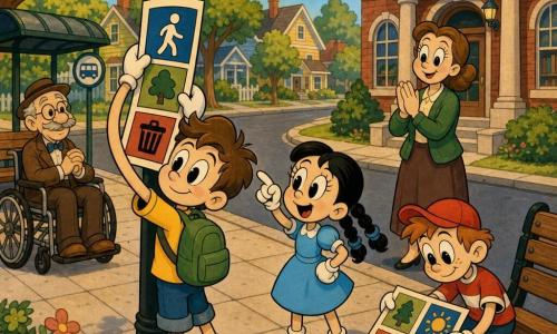 A 10-year-old boy with tousled brown hair, big bright eyes and a determined smile wears a yellow T-shirt and green backpack; he holds a large colorful pictogram and mounts it on a post. A girl of about 9 (Mia) with braided black hair in a light blue dress stands to his right, pointing and speaking with animated hands. A 9-year-old boy (Tommy) with red hair and a red cap crouches near a bench, holding a board with other drawings and focused on his sketches. A woman in her mid-30s (the mother) with light brown tied-back hair smiles proudly in the background near a red-brick library, clapping gently. An elderly man in a wheelchair with gray hair and a brown coat watches the installed sign with a grateful, gentle smile near a bus stop. Setting: sunny neighborhood street with leafy trees, a wooden-bench bus stop, paved sidewalk and colorful houses. Main action: the group installs a clear, cheerful pictogram to make the neighborhood accessible; warm, collaborative atmosphere with bright colors, smooth textures and black outlines in a retro cartoon style.