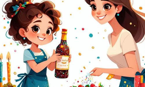 Una bambina di 9 anni, Sofia, con capelli ricci e occhi brillanti di gioia, si trova al centro della scena, tenendo una bottiglia decorata con brillantini e colori vivaci. Sorride con entusiasmo, le guance arrossate dall'eccitazione del Capodanno. Accanto a lei, sua madre, una donna di circa trent'anni con capelli lunghi e castani, sorride calorosamente mentre prepara piatti sulla tavola. Indossa un grembiule colorato e sembra felice di condividere questo momento festivo con sua figlia. Il papà di Sofia, un uomo di circa trent'anni con una leggera barba e un sorriso complice, si trova all'altro capo della tavola, alzando un bicchiere di succo d'arancia per brindare al nuovo anno. La scena si svolge in un soggiorno accogliente, decorato con un grande albero di Natale scintillante, pieno di luci e palline colorate. La tavola è coperta di piatti deliziosi, biscotti e una bella torta al cioccolato, creando un'atmosfera festosa e gioiosa. Sofia sta aprendo la bottiglia contenente i suoi propositi per il nuovo anno, circondata dalla sua famiglia, pronta a condividere i loro sogni e speranze per l'anno a venire.