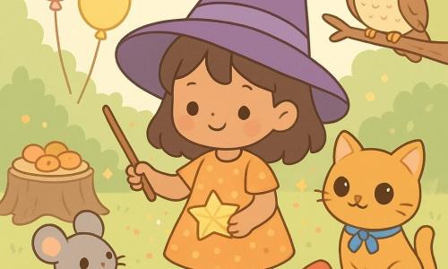 Lili, aprendiz de bruxa de 6 anos, alegre e um pouco tímida, usa um grande chapéu torcido roxo, vestido laranja de bolinhas, segura uma varinha de madeira e um papel dourado dobrado; sorri ao olhar sua estrelinha de papel que brilha suavemente. Mia, gata mágica caramelo de olhos mel, senta-se ao lado dela, ronrona e oferece um frasco de luz da lua com um laço azul no pescoço; Bilu, sapo verde com um pequeno chapéu vermelho e purpurina no focinho, ri aos pulos atrás de Lili; Pipo, ratinho cinza, em pé sobre a mesa de madeira, segura um fio dourado para ajudar a enfeitar; Dona Coruja, sábia coruja de penas castanhas malhadas, sobrevoa a clareira segurando um pergaminho dourado. Na clareira iluminada da floresta encantada há relva luminosa, balões flutuantes, mesas de tronco com guloseimas e confetes; todos juntos montam uma estrela de papel brilhante que emite luzes coloridas e glitter, em gestos coletivos e clima festivo e acolhedor.
