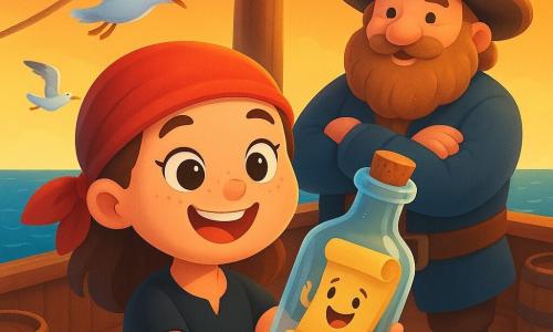Lina é uma jovem e corajosa pirata de rosto redondo e sardas, lenço vermelho, sorriso malicioso e olhos brilhantes, segurando uma garrafa de vidro aberta com um pequeno pergaminho cartunesco que ri; o capitão Barba-Pão, cerca de 50 anos, silhueta arredondada, grande barba em forma de pão e chapéu gasto, está atrás dela no convés olhando com orgulho; uma ou duas gaivotas brancas e cinzentas voam perto do mastro com asas abertas e bicos abertos; o convés de madeira quente mostra tábuas, cordas enroladas, uma cabine com porta redonda e barris empilhados à bombordo; o oceano é azul profundo com pequenas ondas, reflexos dourados e céu alaranjado ao pôr do sol; cena principal: Lina encontra uma mensagem risonha dentro da garrafa encalhada no convés — momento alegre e aventureiro, expressões exageradas, cores vivas, formas legíveis para crianças; estilo: contornos suaves, texturas lisas, paleta quente e contrastada, luz suave nos rostos, composição centrada em Lina.