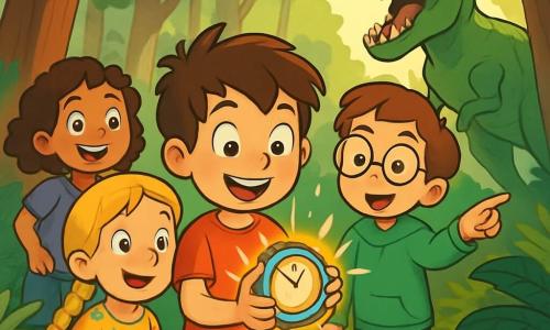 Há 4 crianças: - Miguel: um menino de 9 anos, com cabelos castanhos bagunçados e olhos brilhantes de curiosidade. Ele usa uma camiseta vermelha e um short azul, está no centro segurando um dispositivo brilhante. - Ana: uma menina de 9 anos, com cabelos longos e loiros trançados, vestindo um vestido florido. Ela está à esquerda de Miguel, com os olhos arregalados de admiração. - Lucas: um menino de 9 anos, com óculos redondos e cabelos castanhos. Ele usa um moletom verde e calças pretas, está à direita de Miguel, apontando para um dinossauro ao longe com um olhar fascinado. - Sofia: uma menina de 9 anos, com cabelos curtos e cacheados, vestindo uma camiseta roxa e jeans. Ela está atrás de Miguel, sorrindo e pronta para explorar. O cenário é uma floresta pré-histórica densa, com grandes árvores e samambaias exuberantes. A luz do sol filtra pelas folhas, criando sombras dançantes no chão. Ao longe, vê-se um enorme Tiranossaurus Rex, com escamas verdes e dentes afiados, rugindo majestuosamente. A cena mostra as crianças descobrindo o mundo dos dinossauros, com Miguel segurando o dispositivo temporal, Ana maravilhada, Lucas apontando para o dinossauro e Sofia pronta para a aventura. A excitação e a curiosidade são palpáveis enquanto eles se reúnem, prontos para uma incrível aventura.