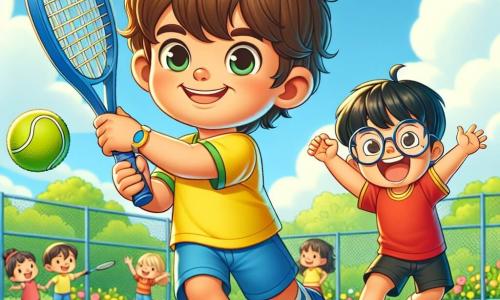 Um menino de 6 anos, Lucas, com cabelos castanhos bagunçados e um grande sorriso no rosto, está batendo uma bola de tênis com sua raquete azul. Ele usa uma camiseta amarela vibrante e um short azul, e seu entusiasmo é palpável enquanto se concentra no jogo. Ao seu lado, seu amigo Pedro, também de 6 anos, tem cabelos negros e óculos redondos. Ele veste uma camiseta vermelha e um short preto, e está pulando de alegria, com os braços levantados, incentivando Lucas. A cena acontece em uma bela quadra de tênis em um parque verdejante, cercada por árvores com folhas brilhantes e flores coloridas. O céu é azul com algumas nuvens brancas fofas, e crianças brincam ao fundo, adicionando uma atmosfera alegre. A situação principal mostra Lucas em plena ação, batendo a bola com determinação, enquanto Pedro o incentiva com entusiasmo, ilustrando o espírito de amizade e camaradagem que os une em sua paixão pelo tênis.