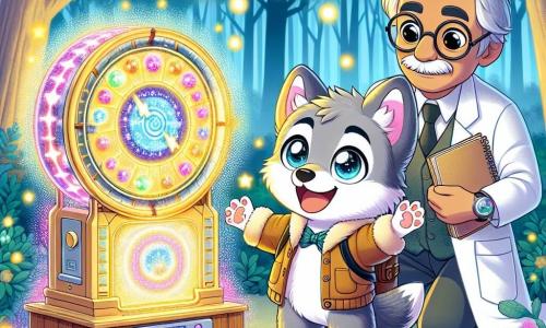 Um pequeno lobo chamado Léo, com pelagem cinza e olhos brilhantes de curiosidade, está no centro da imagem, sorrindo com entusiasmo enquanto descobre uma máquina do tempo brilhante, cercada por luzes coloridas. Ao seu lado, seu pai, um lobo cientista com óculos redondos e um jaleco, observa Léo com orgulho e uma leve preocupação, segurando um caderno de anotações. Ao fundo, uma floresta mágica se estende, com árvores de folhas cintilantes e flores multicoloridas, enquanto uma luz dourada filtra através dos galhos. A cena representa o momento em que Léo, animado com a ideia de viajar no tempo, está prestes a ativar a máquina, simbolizando a aventura e a descoberta que o aguardam.