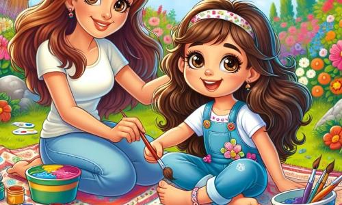 Uma menina de 6 anos, Sofia, com longos cabelos castanhos e olhos brilhantes de curiosidade, está sentada em um cobertor colorido no jardim. Ela sorri alegremente, segurando uma paleta de pintura em uma mão e um pincel na outra, pronta para criar uma obra de arte. Ao lado dela, sua mãe, uma mulher de cerca de 30 anos com cabelos castanhos e um sorriso acolhedor, a encoraja e mostra como misturar as cores. Ela está vestida com uma camiseta leve e calças jeans, sentada de pernas cruzadas no cobertor, cercada por potes de tinta vibrantes. O jardim está cheio de flores coloridas, com borboletas voando ao redor e uma grande árvore sombreada ao fundo. O céu é azul com algumas nuvens brancas e fofas, e o sol brilha, criando uma atmosfera alegre e de verão. Sofia e sua mãe estão pintando juntas uma grande tela, cheia de cores vivas, representando uma paisagem imaginária, com flores gigantes e um arco-íris. A atmosfera é repleta de criatividade e risos, capturando o espírito das férias de verão.
