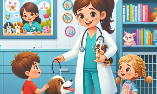 Într-o clinică veterinară luminoasă și primitoare, o veterinară pe nume Dr. Ana stă în picioare cu un zâmbet cald pe față. Are părul castaniu prins într-o coadă de cal, poartă un halat alb și un stetoscop la gât. Ochii ei strălucitori exprimă o pasiune profundă pentru animale în timp ce examinează un câine mic, Max, care pare vesel și curios, fluturându-și coada. Lângă ea, un băiat de 10 ani, Andrei, observă cu atenție. Are părul castaniu dezordonat, poartă un tricou roșu și blugi, și ține în mâini o jucărie în formă de câine. Fața lui este iluminată de entuziasmul de a învăța. Într-un colț al clinicii, o fetiță de 8 ani, Maria, se apropie de o raft plin cu cărți despre îngrijirea animalelor. Are părul blond împletit și poartă o rochie colorată cu flori. Se uită cu uimire la ilustrațiile animalelor din cărți. Locul este o clinică veterinară modernă, cu pereți vopsiți în albastru deschis, postere educaționale despre îngrijirea animalelor și cuști confortabile pentru animalele pacienți. Jucăriile pentru animale sunt împrăștiate pe podea, adăugând o notă jucăușă mediului. Situația principală o arată pe Dr. Ana explicând copiilor cum să aibă grijă de animale, în timp ce examinează pe Max, câinele mic. Copiii sunt captivați de explicațiile ei, iar atmosfera este plină de curiozitate și bucurie.