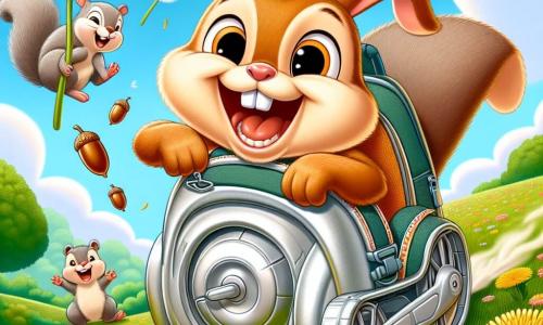 Benny the Bunny, a small rabbit with big ears and soft brown fur, is laughing joyfully while sitting in a shiny metal backpack rolling at high speed. His eyes sparkle with joy and excitement as he clings to the edges of the backpack, surrounded by dandelions flying around him like snowflakes. Next to him, Charlie the Squirrel, a mischievous squirrel with gray fur and a fluffy tail, is juggling acorns while laughing. He stands on his hind legs, smiling broadly, ready to follow Benny on the adventure. The setting is a green hill dotted with colorful flowers and golden dandelions under a bright blue sky with fluffy clouds. In the background, a majestic tree provides shade and shelter for the garden animals. The main scene shows Benny racing in the backpack, surrounded by dandelions soaring through the air, while Charlie looks on with admiration and amusement, creating a scene full of joy and energy.