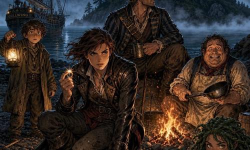 Mara Quill, a ~30-year-old pirate woman with short wind-swept brown hair, focused gaze and determined smile, wearing a worn leather coat and muddy boots, holds a bright copper ring on her finger and rests a hand on the shore by a campfire; Boone, a tall burly man (~35) with tousled blond hair and a striped jacket, sits to her right with a protective look and a tin cup, staring at the sea; Saff, a young boy (~12) with freckles and an oversized coat, stands left of Mara holding a lantern, wide-eyed by the rocks; Jory, a round, comic middle-aged man (~40) in a stained apron, sits near the fire nervously laughing while holding an improvised pan; Lark, a mischievous girl (~10) with seaweed-green streaked hair, cloaked in sails with small compasses at her neck, peeks from behind a log grinning; setting: a pebble beach under a starry sky, crackling campfire, the schooner Gullwing anchored in a misty cove to the left, and a wooded island behind the beach shrouded in shifting fog that seems to drift on the water; main scene: a calm, magical night— the captain shows the recovered ring as her companions watch the mysterious island move gently in the mist, warm firelight contrasting with cool blue-gray fog, rich textures of leather, wood, pebbles and moss.