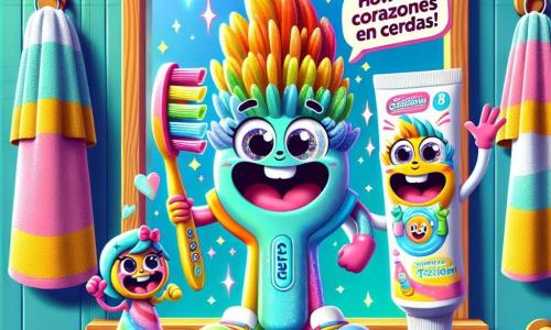 En el centro de la imagen, un pequeño cepillo de dientes llamado Cepi, con cerdas suaves y coloridas como un arcoíris, sonríe alegremente mientras sostiene un pequeño cartel que dice "Corazones en Cerdas". Sus cerdas brillan bajo la luz y sus ojos destellan de entusiasmo. A su lado, su mejor amiga, un tubo de pasta de dientes llamada Pastina, tiene un rostro sonriente y ojos brillantes. Ella hace un gesto amistoso con una de sus manos, como si animara a Cepi, y tiene destellos de color pastel que se mezclan con su tubo. El fondo es una estantería de baño de madera clara, llena de toallas coloridas y juguetes de baño. Un espejo al fondo refleja la escena, añadiendo un toque de magia. La situación principal muestra a Cepi y Pastina rodeados de sus amigos, todos riendo y divirtiéndose juntos, mientras Cepi explica con entusiasmo cómo ser feliz a pesar de sus "Cerdas Frágiles". Burbujas de jabón flotan a su alrededor, añadiendo una atmósfera alegre y lúdica a la escena.