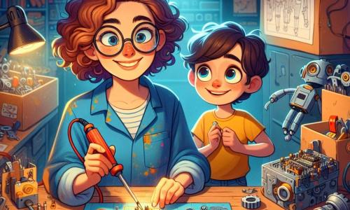 Clara, una mujer de unos treinta años con cabello rizado y gafas redondas, sonríe y se concentra rodeada de piezas de metal coloridas y herramientas brillantes en su taller. Lleva una bata de trabajo azul, llena de manchas de pintura, y está soldando una pequeña parte de un robot con una lámpara que ilumina su rostro alegre. A su lado, Lucas, un niño de 10 años con cabello castaño y ojos chispeantes, observa con asombro. Viste una camiseta amarilla y un short azul, sosteniendo un destornillador en sus manos, listo para ayudar a Clara. El taller es un lugar mágico, lleno de máquinas extrañas, cajas de piezas, planos colgados en las paredes y luces de colores que brillan, creando un ambiente cálido e inspirador. La escena principal muestra a Clara y Lucas trabajando juntos en un robot, Clara explicando con pasión cómo ensamblar las piezas, mientras Lucas, con los ojos brillantes de emoción, toma notas en un cuaderno. La atmósfera está llena de creatividad y alegría, ilustrando el poder de la imaginación y la invención.