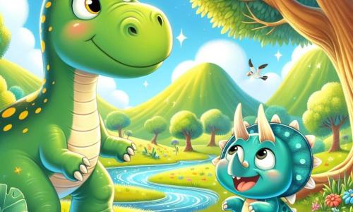 Un grande diplodoco di nome Dino, con la pelle verde e macchie gialle, si trova felice sotto un maestoso albero, i suoi grandi occhi brillano di curiosità mentre mangia foglie. Accanto a lui, un piccolo triceratopo di nome Trixie, con la pelle blu e tre corna sulla testa, salta di gioia, sorridendo e guardando Dino con entusiasmo. La scena si svolge in una valle soleggiata, piena di fiori colorati e un fiume scintillante che serpeggia nel paesaggio verde. Dino e Trixie giocano insieme, esplorando il loro ambiente magico, pieni di gioia e amicizia.