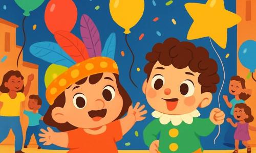 Una niña de 2 años, Luna, con grandes ojos brillantes y una amplia sonrisa, lleva un sombrero colorido adornado con plumas y brillantina. Ella baila alegremente en medio de un carnaval, rodeada de globos multicolores flotando en el aire. A su lado, un niño de 3 años, su amigo Tomás, con cabello rizado y un disfraz de payaso, hace muecas mientras sostiene un globo en forma de estrella. Al fondo, una calle animada está decorada con guirnaldas luminosas y confeti que cae suavemente, mientras adultos y niños bailan y ríen. La escena principal muestra a Luna y Tomás, maravillados, buscando el tesoro escondido del carnaval, con ojos brillantes de emoción y curiosidad.