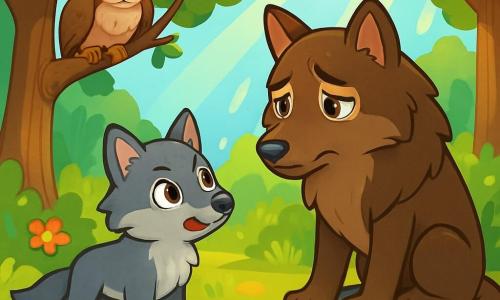 Un pequeño lobo de ojos brillantes y curiosos, con pelaje gris y patas ágiles, se encuentra en el centro de la escena, mostrando una expresión decidida y valiente. Observa atentamente a un gran lobo de pelaje marrón oscuro, que parece triste y apenado, sentado sobre una piedra, con las orejas caídas. Aunque masivo, el gran lobo muestra dulzura en su mirada, como si intentara explicar algo importante. La escena transcurre en un claro verde del bosque encantado, rodeado de majestuosos árboles de hojas verdes brillantes y flores coloridas que bailan suavemente con el viento. Rayos de sol atraviesan las ramas, iluminando el suelo cubierto de hojas doradas. El pequeño lobo y el gran lobo se enfrentan, mientras un viejo búho sabio, posado en una rama baja, observa la escena con ojos penetrantes, listo para intervenir. La atmósfera es tensa pero llena de esperanza, mientras el pequeño lobo intenta comprender la situación del gran lobo, que ha tomado a las ovejas para protegerlas.